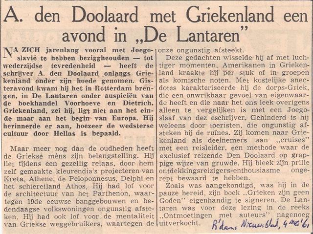 A. den Doolaard met Griekenland en avond in "De Lantaren" krantenknipsel uit 1961