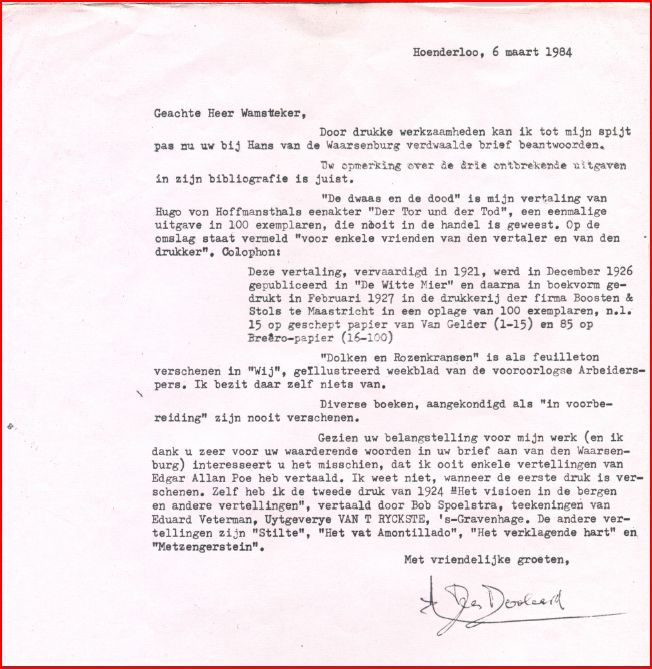Brief van A. den Doolaard waarin hij schrijft over onbekend werk van zijn hand