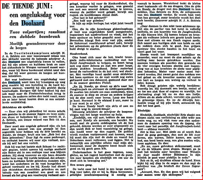 Krantenartikel 'De tiende juni' over het ski-ongeluk van A. den Doolaard