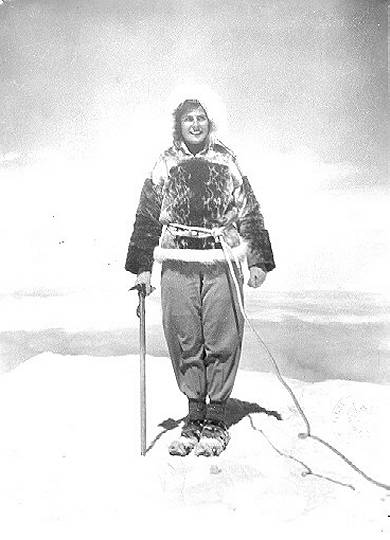 Leni Riefenstahl tijdens de opnamen van Stürme über dem Mont Blanc