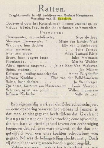 Artikel over opvoering Ratten  Artikel uit de kunst - februari 1923