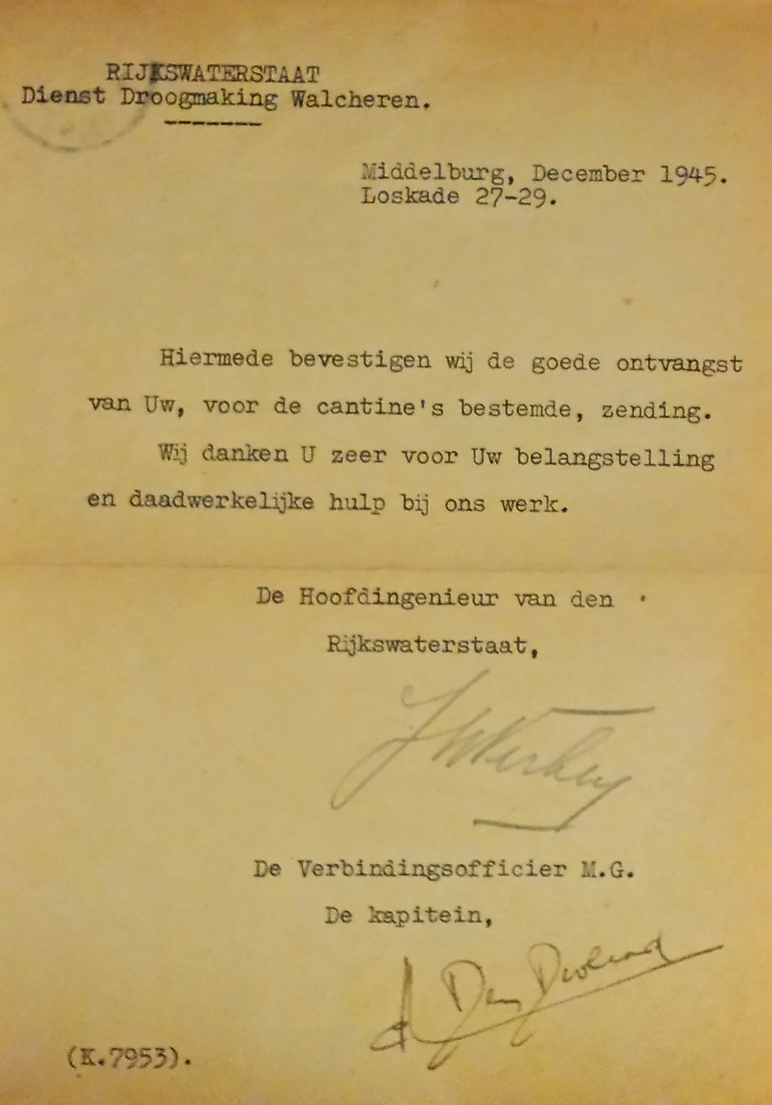 Brief van verbindingsofficier kapitein A den Doolaard
