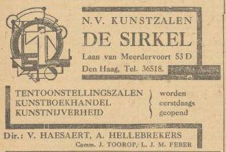 Krantenadvertentie voor NV Kunstzalen De Sirkel