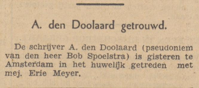 kort krantenbericht over huwelijk A. den Doolaard met Erie Meyer