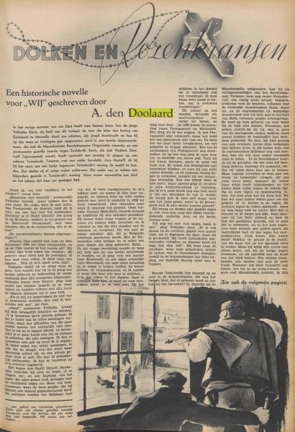 een pagina met een aflevering van de feuilleton 'Dolken en Rozenkransen' van A. den Doolaard, met rechtsonder een afbeelding van een man die door een raam een geweer richt op iemand op straat