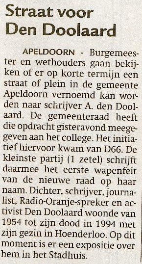Bericht in dagblad De Stentor op 12 april 2006 Krantenartikel 'Straat voor Den Doolaard'